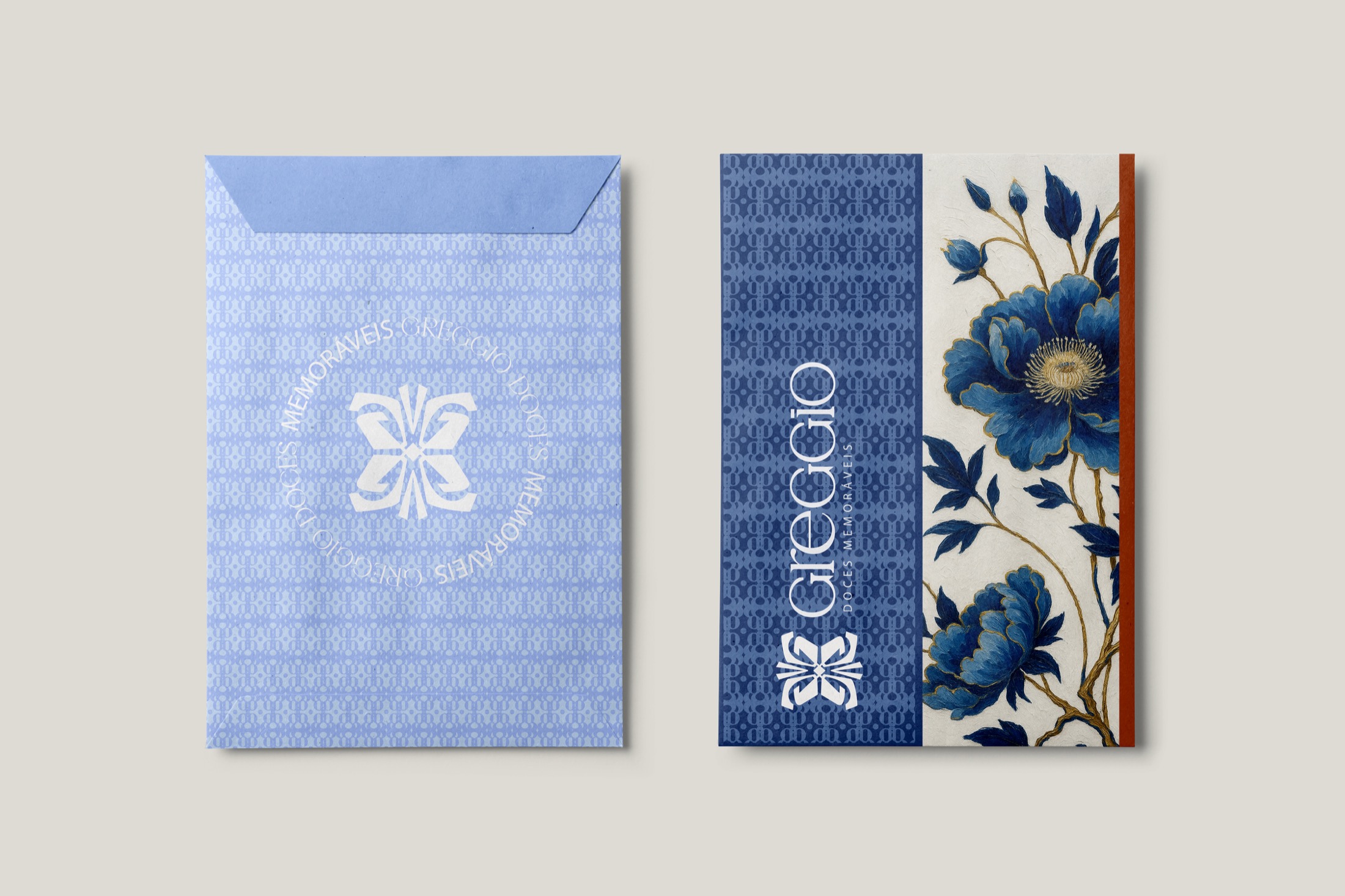 Envelopes Greggio com padrões azul e floral
