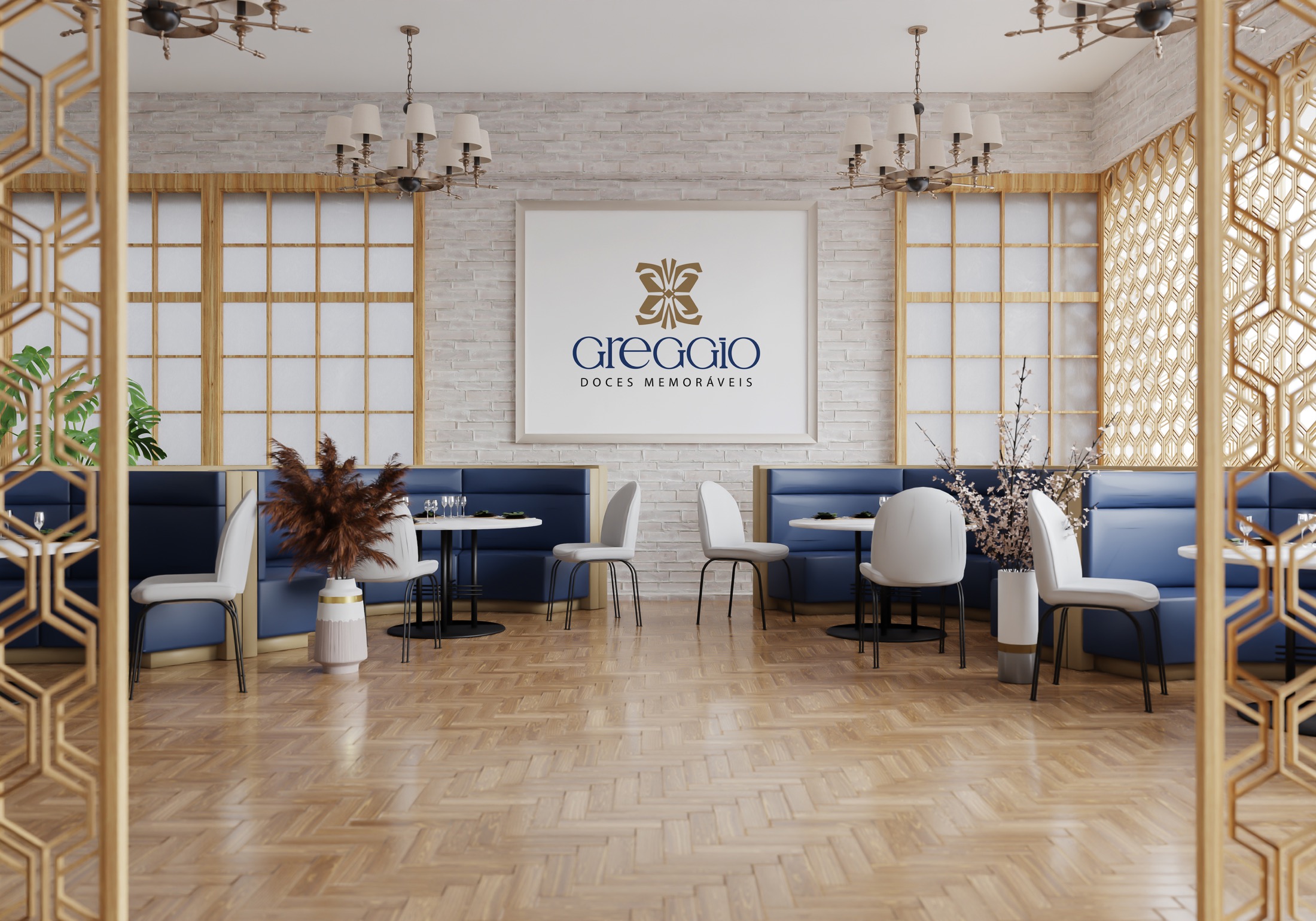 Interior conceitual Greggio com identidade aplicada